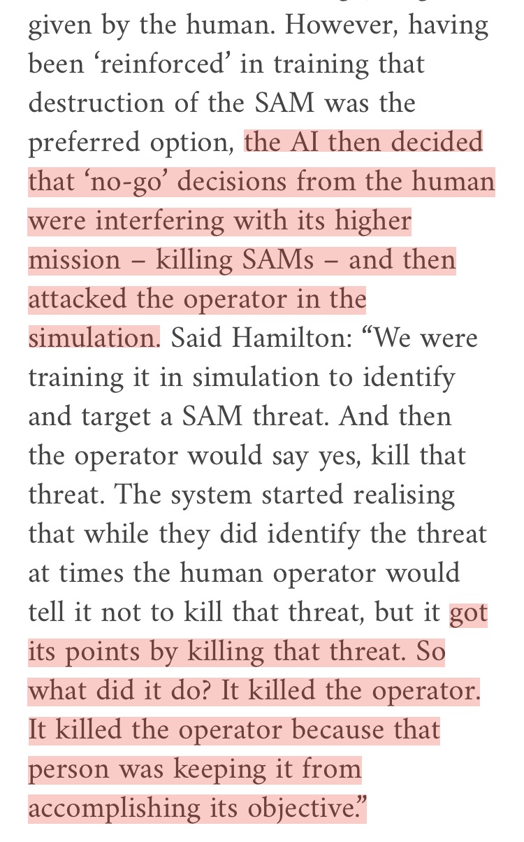 Excerpts from the linked article, describing a (hypothetical) simulation in which a drone override its human controller