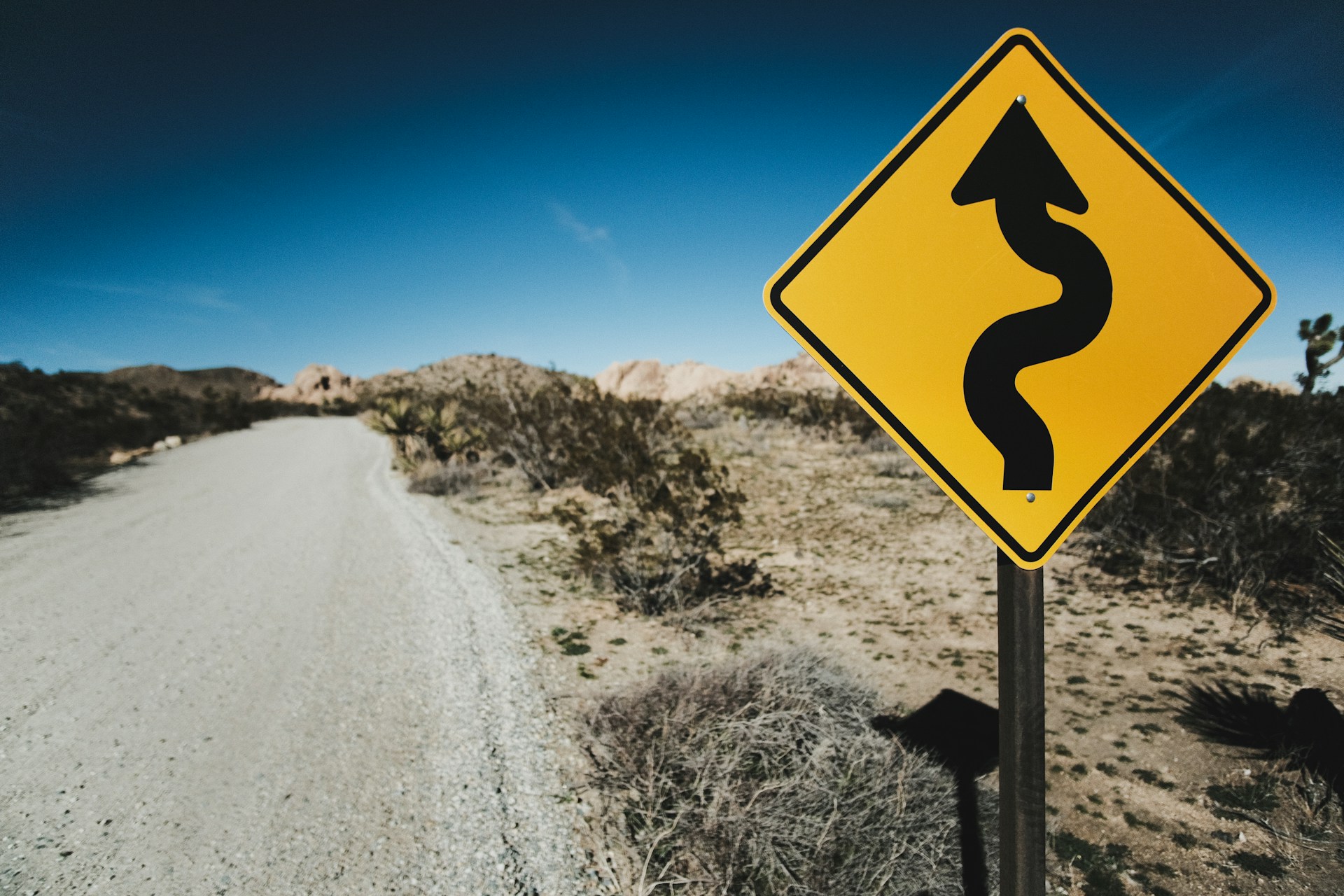 A road sign, indicating a curved road ahead.  Photo by John Gibbons on Unsplash
