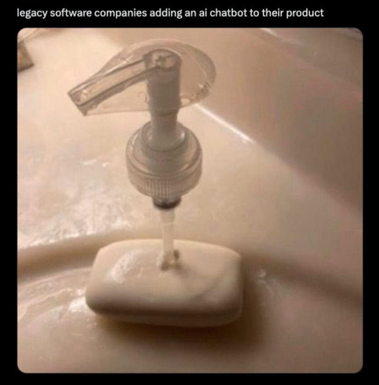 A soap pump, jammed into a bar of soap.  Source: Programmer Humor.