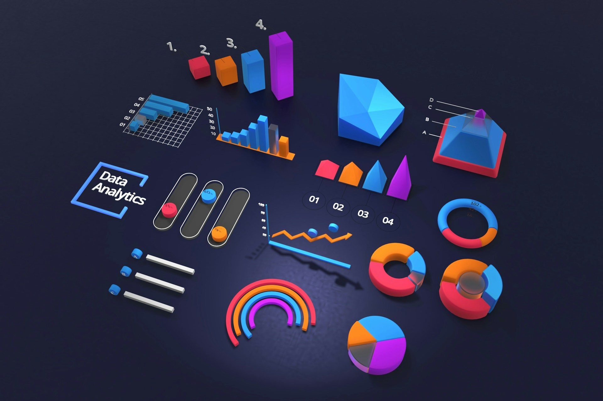A 3D rendering of charts and chart elements.  Photo by Deng Xiang on Unsplash.